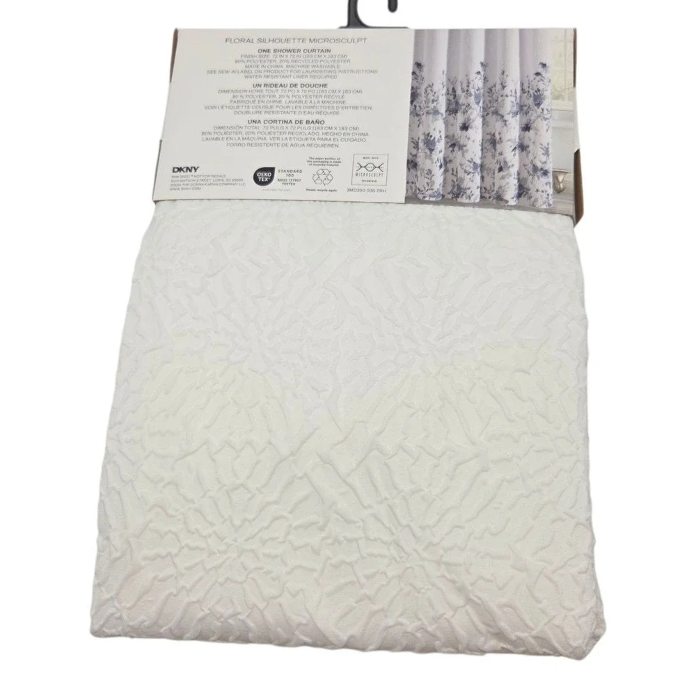 DKNY Floral Silhouette Microsculpt Fabric Shower Curtain White Blue 72x72inch